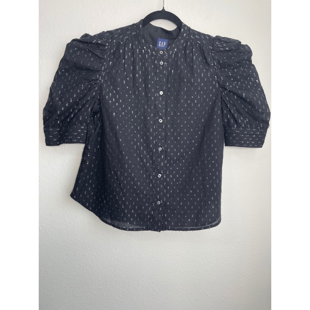 Gap Womens Black Silver Metallic Clip Dot Puff Sleeve Button Front Blouse M - Picture 4 of 12